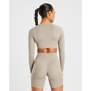 Meilleure vente en sourdine Taupe femmes agrafe manches longues haut court 4 voies Stretch Super doux léger entraînement haut court t-shirts pour les femmes - Product Image 3