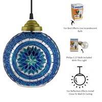 Lustre suspendu rond indien en mosaïque bleue, luminaire artisanal en verre, lanterne décorative