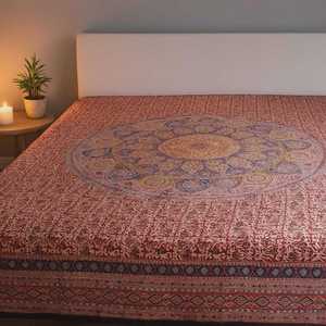 Kalamkari Block <b>Printed</b> Cotton <b>Fitted</b> & Flat <b>Sheet</b> with Floral Traditional Motifs - Product Image 1