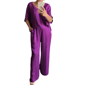 Women's <b>Green</b> <b>Silk</b> Satin V-Neck Two-Piece Set Loose Fit Casual Wide Leg Pants With Pockets Summer Wear - Product Image 4
