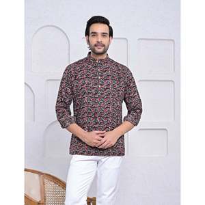 Kurta décontracté imprimé 100% coton pour hommes, chemise décontractée à motif floral pour hommes avec manches longues, tissu popeline respirant - Product Image 1