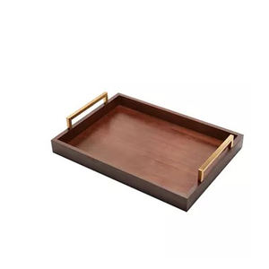 Ensemble plateau de service poignée en métal avec finition dorée plateau en bois de service en bambou petit déjeuner fait à la main pour table basse - Product Image 1
