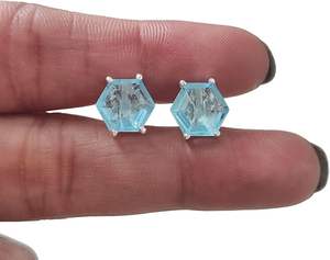 Boucles d'oreilles clous pour femmes, pierre précieuse naturelle topaze bleue, pierre de naissance de novembre, bijoux faits à la main, argent sterling 925 - Product Image 5