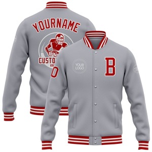 Custom Gray Red-<b>White</b> Bomber Full-Snap Varsity Letterman <b>Jacket</b> Windbreaker Men's Varsity <b>Jacket</b> - Product Image 1