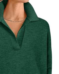 Women Green Collared V Neck Knit Sweater <b>Long</b> Sleeve Loose Fit Soft Winter Pullover Casual Elegant Daily Wear Top - Product Image 2