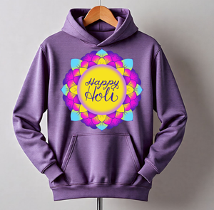 <span class=keywords><strong>Felpa</strong></span> con Cappuccio Stampata Happy Holi Unisex, Pullover in Cotone Viola, <span class=keywords><strong>Felpa</strong></span> Casual Primaverile con Tasca Frontale - Product Image 1