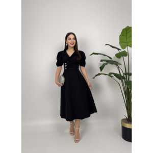 Vestido Satinado 2130 con Chaqueta de Manga Abullonada, Cuello y Detalle de Botones, Silueta en A y Cintura Natural - Product Image 6