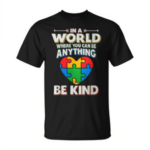En un mundo donde puedes ser cualquier cosa, sé amable, camiseta con diseño de rompecabezas de corazón para concienciación sobre el autismo, color negro, unisex para adultos - Product Image 2