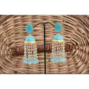 partywear brass traditional golden mattefinishing meenakari <b>long</b> beads jhumki with stone stud hoop <b>earing</b> for girls and women - Product Image 3