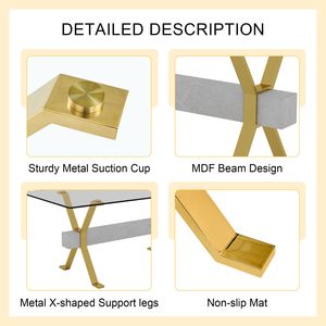 Modern Gold Plated Metal Legs <b>Large</b> Gray MDF Crossbars Tempered Glass Dining Table with Office <b>Desk</b> Features brand new - Product Image 4
