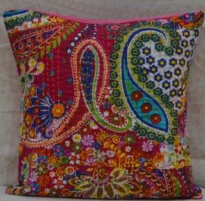 Indian Traditional Cotton Kantha Cushion Decor Pillow Cover Ethnic Handmade Embroidery Technique Home Decorative <b>Throw</b> Case - Product Image 3