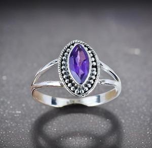 Vente en gros d'anneaux en argent sterling 925 massif sertis de pierres de forme marquise, pierre précieuse améthyste naturelle facettée, classique pour femmes - Product Image 3