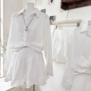 High Quality Casual <b>White</b> Blouse with Ruffle Hem Skirt Women Two Piece Set - Product Image 3