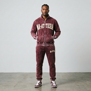 Men's Burgundy Maroon Acid Wash <b>Zip</b> <b>Up</b> Tracksuit Set Embroidered <b>Jacket</b> Jogger Pants Streetwear Sportswear Activewear Casual Out - Product Image 1