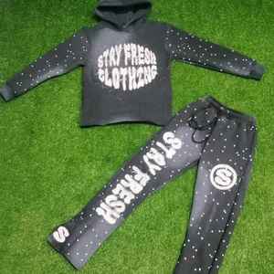 Conjunto de pantalones de chándal y Sudadera con capucha de algodón Vintage desgastado con logotipo impreso personalizado del fabricante - Product Image 1