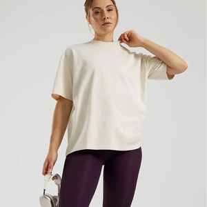 OEM logotipo personalizado Beige comodidad Oversize manga corta Mujer camiseta transpirable 100% algodón elegante relajado ajuste gimnasio entrenamiento camiseta - Product Image 6