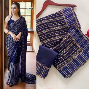 Bollywood Designer Banarasi Coton Saree Georgette Séquence Travail pour Mariage et Fête Porter Hiver Été Collection pour Diwali - Product Image 3