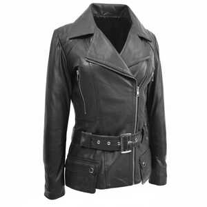 Veste de motard en cuir véritable noir pour femmes, ceinture, manteau moto, fermeture éclair asymétrique, coupe ajustée, vêtements de moto pour femmes - Product Image 5