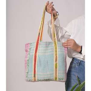 กระเป๋าโท้ทผ้าฝ้ายคันธาวินเทจ นุ่ม เป็นมิตรกับสิ่งแวดล้อม งานฝีมืออินเดีย ลายโบโฮ พร้อมซิป กระเป๋าช้อปปิ้งสำหรับผู้หญิง ใช้ซ้ำได้สำหรับใส่ของชำ - Product Image 2