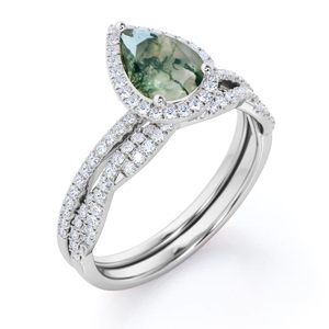 Personalizado 1,5 quilates corte de pera ágata musgo y moissanita conjunto nupcial grabado anillo de plata chapado en oro blanco para boda - Product Image 4