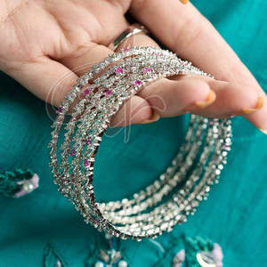 Silver Toned Delicately Adorned With Soft Plum Beads Classic Silver Wrist Wear Charm Bangles - Product Image 4