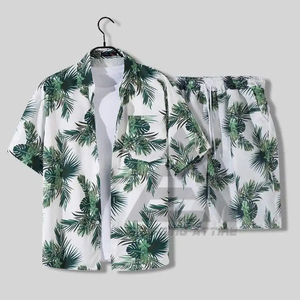 OEM ODM Ensemble de costume deux pièces pour hommes Chemise et short à imprimé hawaïen Plage d'été en coton respirant à fleurs - Product Image 1