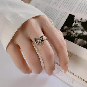 S925 kacamata <span class=keywords><strong>Dr</strong></span> kucing perak murni cincin terbuka rantai bergerak untuk wanita jari kucing bermata hijau Retro - Product Image 2