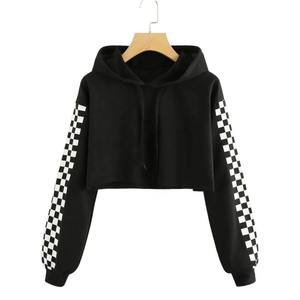 Vente en gros de vêtements pour femmes, pull à manches longues de couleur unie, sweat-shirt court, sweat à capuche pour femme, streetwear de sport en coton - Product Image 1