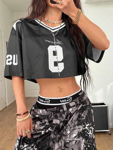 Camiseta de fútbol americano de malla negra recortada para mujer, cuello en V, número 9, estampado, ropa de calle de gran tamaño - Product Image 5