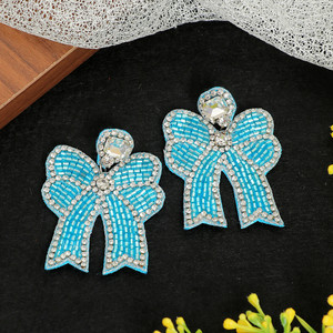 <b>Blue</b> Bow <b>Earrings</b> Rhinestone Detailing Handmade Jewelry Seed Bead Embroidery Bridal Party Fashion Accessories Custom Export - Product Image 3