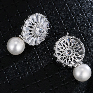 Moq 2ชิ้นเท่านั้นขายส่งเครื่องประดับเพทาย CZ เทียมมุกทองชุบหยดน้ำต่างหูเจ้าสาวสแตนเลส - Product Image 5