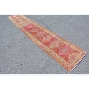 Vintage 2.5 X 12.7ft Tapis Turc Orange Rose Patchwork Design Classique pour Vivre Rectangle Couloir Laine Viscose Polyester Latex - Product Image 2