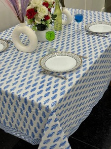 Custom Boho Retro Blue & White Floral Tablecloth Hand Block Print Farmhouse Style for <b>Easter</b> Brunch & Weddings <b>Table</b> <b>Cloth</b> Gift - Product Image 5