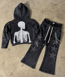 Conjunto Deportivo Personalizado para Hombre, Estilo Vintage Americano, con Remaches, Pedrería y Perlas, Ropa Urbana Esencial, Tejido Grueso, 100% Algodón Transpirable - Product Image 1