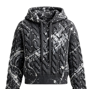 Sweat à capuche personnalisé en tricot torsadé avec broderie frontale, motif éclaboussures de peinture, ourlet et poignets côtelés, cordons de serrage, style streetwear pour femme - Product Image 1