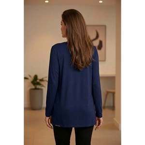 Crew Neck Plus Size Long Sleeve T-<b>Shirt</b> with Side Slits <b>Navy</b> <b>Blue</b> - Product Image 5