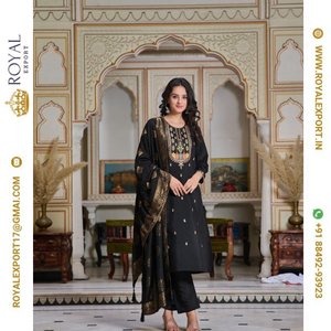 Pantalon Kurti de couleur noire avec broderie attrayante en soie lourde Chanderi de créateur avec une collection unique de Dupatta - Product Image 2