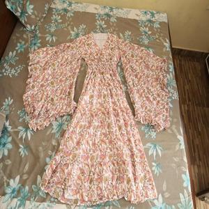 Robe tunique en coton à manches longues, col en V, imprimé floral, longueur au sol, écologique, lavable, pour femmes, été, nouvelle année - Product Image 1