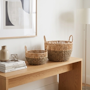 Ensemble de paniers en jonc de mer naturel et écorce de bananier, avec cadre en fer, grille ouverte, poignée en arche, pot de plantation peu profond, pour décoration de table, artisanat d'art pur - Product Image 5