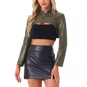 Women's Long Sleeved Moto Biker Faux Leather <b>Jacket</b> <b>Cropped</b> Stand Collar Zipper Front Solid Autumn Sheep Skin Inspired - Product Image 4