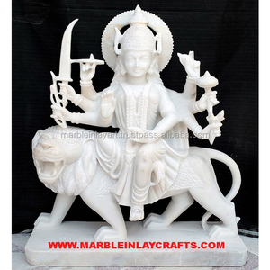 Estatua de la Diosa Blanca Maa Durga con león sentado, escultura de mármol, Makrana blanca pura - Product Image 1