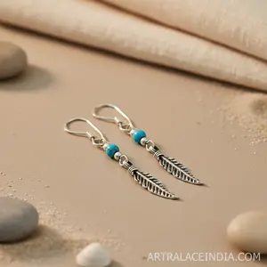 Boucles d'oreilles pendantes en argent 925 avec diamant et turquoise en forme de plume pour femmes - Cadeau de mariage - Product Image 3