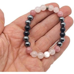 Bracciale da uomo con taglio liscio 8mm forma rotonda in ematite naturale ossidiana fragola quarzo e perline di cristallo di quarzo rosa estensibili - Product Image 5