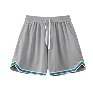 Shorts gris unis pour hommes avec bordure turquoise, taille à cordon de serrage, séchage rapide, vêtements de sport décontractés - Product Image 1