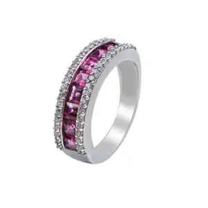 Pink Rhodolite Garnet Gemstone Ring Square Shape Faceted Multi Stone 925 Sterling Silver Women Engagement Band Garnet Rings