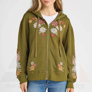 Sudadera con Capucha y Cremallera para Mujer, Diseño Floral Bordado en Verde Oliva, Invierno, Estética, Alta Calidad, Felpa Suave, Algodón Transpirable y Ecológico - Product Image 1