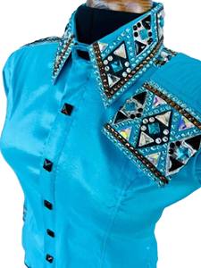 Camisa hecha a mano de Cowgirl Western Show en blanco impreso en tela de tafetán elástica para uso ecuestre - Product Image 2