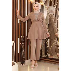 Conjunto Casual de 2 Piezas con Patrón Sólido, Tops con Cinturón y Detalles de Piedras, Shorts Tejidos de Longitud Midi, 100% Algodón, Cuello Redondo Disponible - Product Image 3