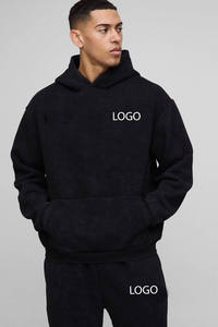 Sweat à capuche oversize noir avec logo personnalisé, lavage à l'acide, pantalon large, streetwear pour homme, épaules tombantes, survêtement d'hiver, taille plus - Product Image 2