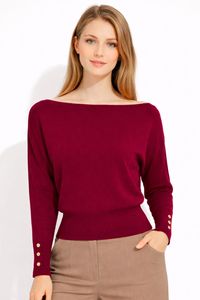 Pull en maille élégant pour femme à col bateau et manches chauve-souris - Haut ample côtelé chic avec poignets à boutons dorés - Product Image 4